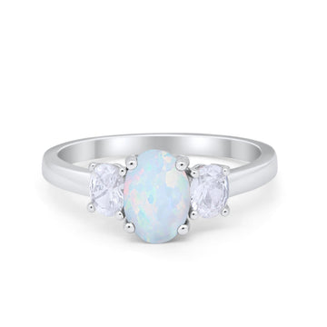 3 Stone Ring Oval Lab Created White Opal Round 925 Sterling Silver